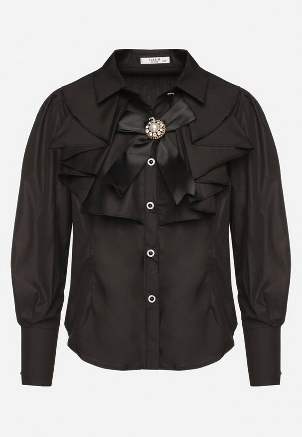 Born2be - Czarna Koszula Zapinana na Ozdobne Guziki z Kokardką Olliana. Typ kołnierza: kokarda. Kolor: czarny