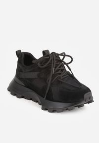 Born2be - Czarne Sneakersy z Zamszu na Grubej Podeszwie z Podwójnym Sznurowaniem Linoza. Okazja: na co dzień. Zapięcie: sznurówki. Kolor: czarny. Materiał: zamsz. Obcas: na platformie #6