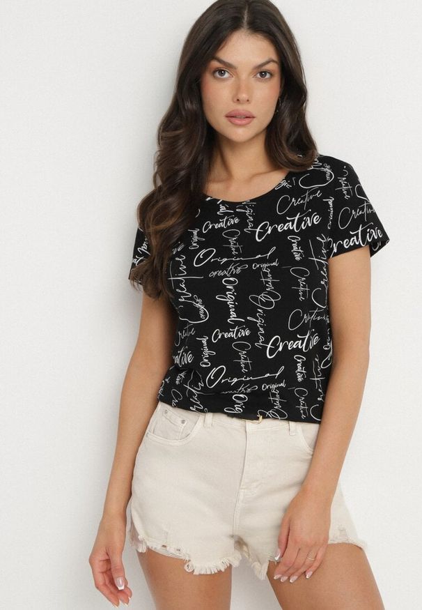 Born2be - Czarny T-shirt z Bawełny Zdobiony Nadrukiem z Napisami Mirindela. Okazja: na co dzień. Kolor: czarny. Materiał: bawełna. Wzór: napisy, aplikacja, nadruk. Styl: klasyczny, elegancki, casual