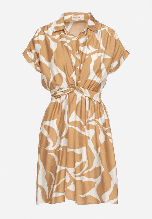 Born2be - Beżowa Taliowana Sukienka z Wiskozą z Geometrycznym Wzorem Galadira. Okazja: na spacer, na imprezę, na co dzień. Kolor: beżowy. Materiał: wiskoza. Wzór: geometria. Styl: casual, klasyczny