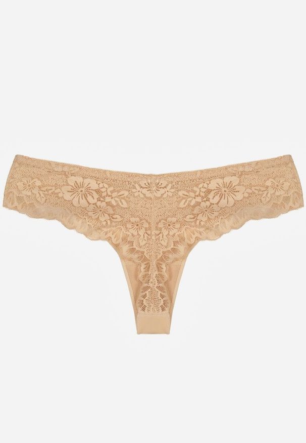 Renee - Beżowe Majtki Stringi Ozdobione Koronką Phisoris. Kolor: beżowy. Materiał: koronka. Wzór: koronka, aplikacja