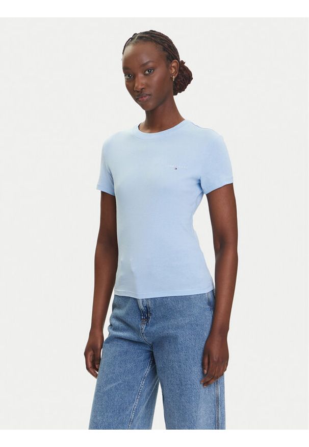 Tommy Jeans T-Shirt Linear DW0DW21164 Błękitny Slim Fit. Kolor: niebieski. Materiał: bawełna