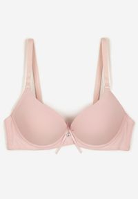 Born2be - Różowy Gładki Biustonosz Push Up z Ozdobną Aplikacją Idanisse. Kolor: różowy. Materiał: jeans. Rodzaj stanika: push-up. Wzór: aplikacja, gładki #6