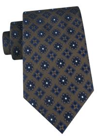 Męski Krawat - Chattier - Brązowy z Granatowymi Grochami. Kolor: wielokolorowy, brązowy, beżowy. Materiał: tkanina. Wzór: grochy. Styl: elegancki, klasyczny, wizytowy #1