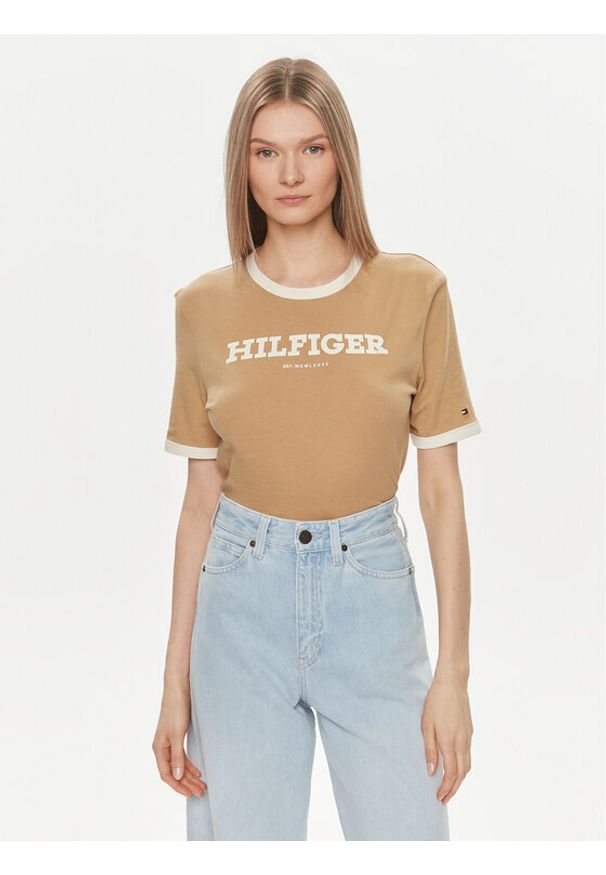 TOMMY HILFIGER - Tommy Hilfiger T-Shirt Monotype WW0WW41208 Beżowy Regular Fit. Kolor: beżowy. Materiał: bawełna