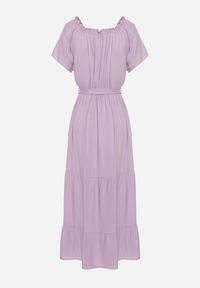 Born2be - Fioletowa Sukienka z Wiskozy Telephanassa. Typ kołnierza: dekolt hiszpanka. Kolor: fioletowy. Materiał: wiskoza. Długość rękawa: krótki rękaw. Wzór: gładki. Typ sukienki: rozkloszowane. Długość: maxi #2