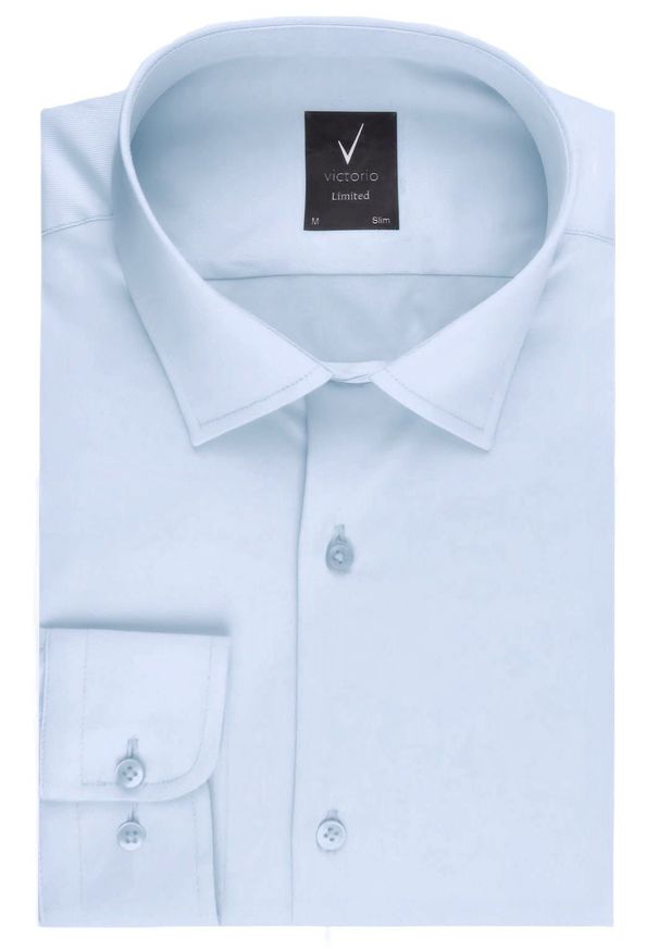 Bawełniana Koszula Elegancka, Slim - Victorio - Błękitna. Kolor: niebieski. Materiał: bawełna, elastan. Styl: elegancki