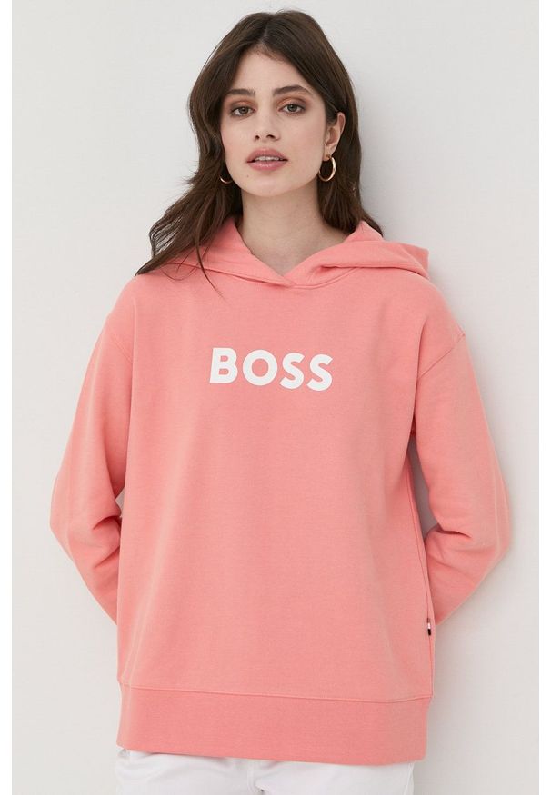 BOSS bluza bawełniana 50468367 damska kolor pomarańczowy z kapturem z nadrukiem. Okazja: na co dzień. Typ kołnierza: kaptur. Kolor: pomarańczowy. Materiał: bawełna. Długość rękawa: długi rękaw. Długość: długie. Wzór: nadruk. Styl: casual