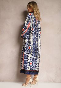 Renee - Niebieska Pudełkowa Sukienka z Satynowej Tkaniny w Ornamentalny Wzór Allilena. Kolor: niebieski. Materiał: satyna, tkanina