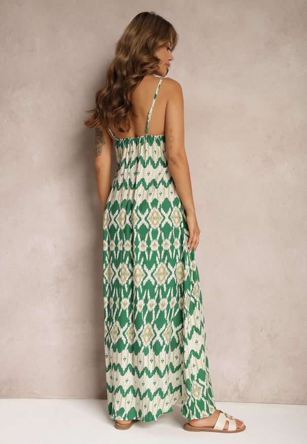 Renee - Zielona Sukienka z Wiskozy na Ramiączkach o Rozkloszowanym Kroju i Geometrycznym Wzorze Xervidia. Okazja: na co dzień. Kolor: zielony. Materiał: wiskoza. Długość rękawa: na ramiączkach. Wzór: geometria. Sezon: wiosna, lato. Typ sukienki: rozkloszowane. Styl: casual