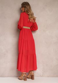 Renee - Czerwona Sukienka z Kopertowym Dekoltem i Plecionym Paskiem Velo. Kolor: czerwony. Materiał: tkanina. Typ sukienki: kopertowe #4