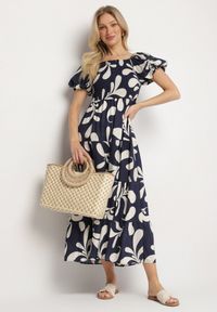 Born2be - Granatowa Rozkloszowana Sukienka z Elastyczną Górą i Bufiastymi Rękawami Orrivene. Okazja: na co dzień. Typ kołnierza: dekolt kwadratowy. Kolor: niebieski. Typ sukienki: proste. Styl: casual, elegancki #3