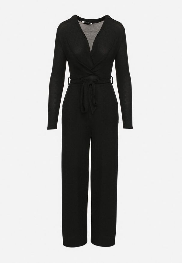 Born2be - Czarny Kombinezon z Wiskozą Kopertowym Dekoltem i Materiałowym Paskiem Miathalise. Okazja: na spotkanie biznesowe. Kolor: czarny. Materiał: wiskoza, materiał. Długość: długie. Styl: biznesowy