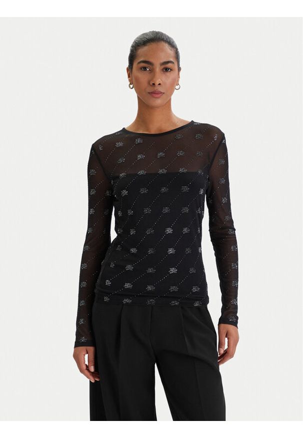 Karl Lagerfeld - KARL LAGERFELD Bluzka B1W17024 Czarny Slim Fit. Typ kołnierza: dekolt w karo. Kolor: czarny. Materiał: syntetyk