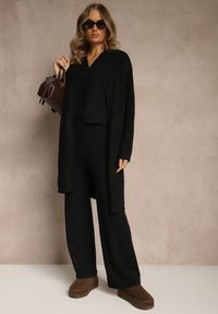 Renee - Czarny Komplet z Dzianiny z Wełną Długi Kardigan Spodnie i Kamizelka Otizane. Kolekcja: plus size. Kolor: czarny. Materiał: dzianina, wełna. Wzór: aplikacja #5
