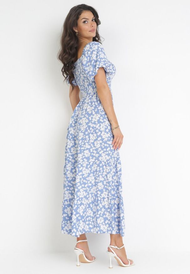 Born2be - Niebieska Rozkloszowana Sukienka Maxi w Kwiaty Casceia. Kolor: niebieski. Wzór: kwiaty. Długość: maxi