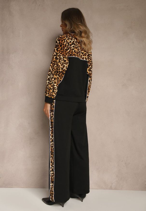 Renee - Czarny Komplet Dresowy z Panterkowymi Wstawkami Bluza i Spodnie Wide Leg Redrie. Kolor: czarny. Materiał: dresówka. Wzór: aplikacja, motyw zwierzęcy