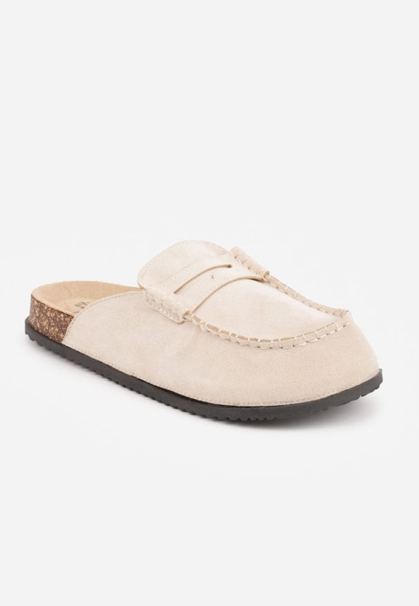 Renee - Beżowe Klapki Mule na Podeszwie z Korka z Ozdobnymi Przeszyciami Chionessa. Okazja: na co dzień. Kolor: beżowy. Styl: casual, retro