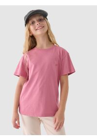4f - 4F T-shirt gładki dziewczęcy - różowy 128 (7-8 lat). Okazja: na co dzień. Kolor: różowy. Materiał: dzianina, jersey, bawełna. Długość rękawa: krótki rękaw. Długość: krótkie. Wzór: gładki. Sezon: lato. Styl: sportowy, klasyczny, casual