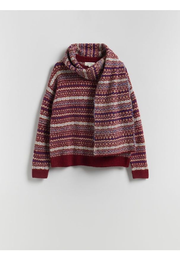 Reserved - Sweter z szalem - wielobarwny. Materiał: dzianina, wełna