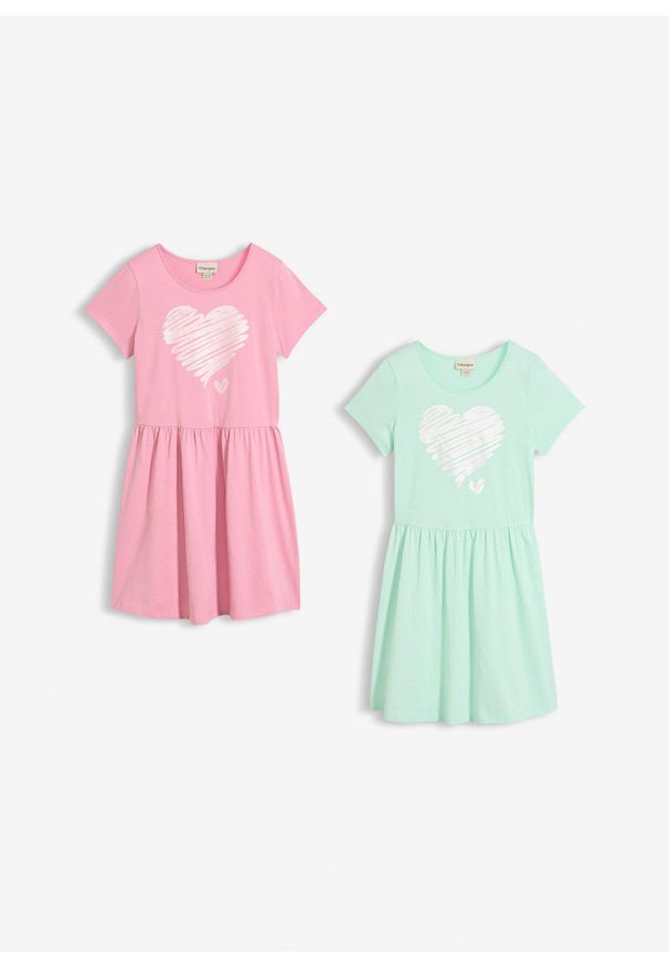 bonprix - Sukienka z dżerseju z czystej bawełny organicznej (2 szt.). Kolor: zielony. Materiał: jersey, bawełna. Długość rękawa: krótki rękaw. Wzór: nadruk. Typ sukienki: rozkloszowane