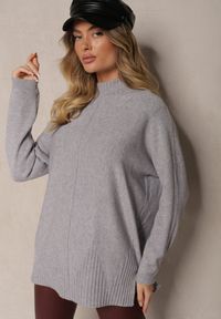 Renee - Szary Prążkowany Sweter z Półgolfem z Rozcięciami po Bokach Rerilla. Okazja: na co dzień. Kolor: szary. Materiał: prążkowany. Styl: klasyczny, elegancki, casual #3