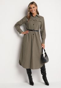 Born2be - Zielona Koszulowa Sukienka na Guziki z Paskiem i Imitacją Kieszeni Tintarra. Kolor: zielony. Typ sukienki: koszulowe. Styl: elegancki, sportowy, klasyczny #4