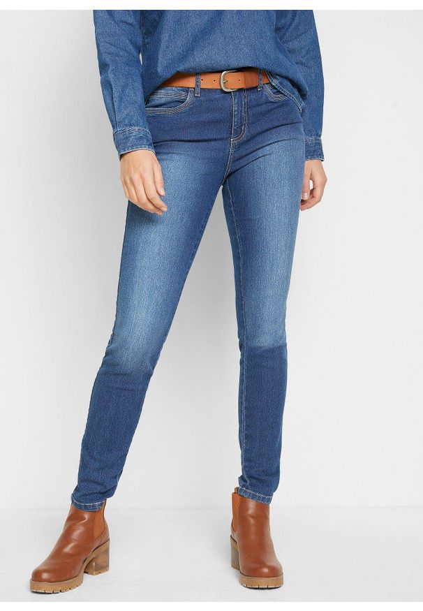 bonprix - Dżinsy Skinny, mid waist ze stretchem, Skinny. Kolor: niebieski