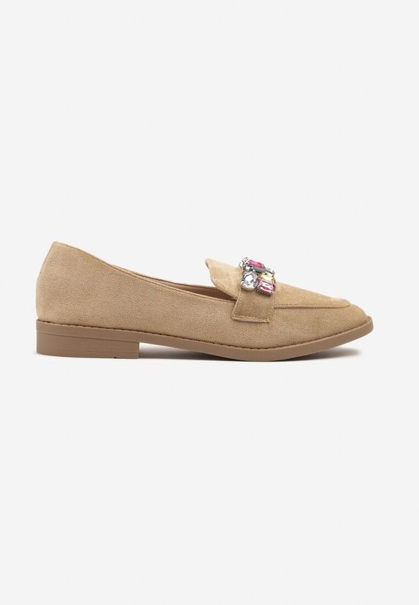 Born2be - Ciemnobeżowe Mokasyny z Ozdobnymi Kryształkami Orilene. Okazja: na co dzień. Kolor: beżowy. Materiał: jeans. Obcas: na obcasie. Styl: klasyczny, elegancki, casual. Wysokość obcasa: niski