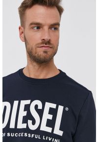 Diesel Bluza bawełniana męska kolor granatowy z nadrukiem. Okazja: na co dzień. Kolor: niebieski. Materiał: bawełna. Wzór: nadruk. Styl: casual