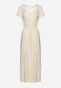 Born2be - Jasnobeżowa Sukienka z Wiskozy o Rozkloszowanym Kroju Folky. Okazja: na co dzień. Typ kołnierza: dekolt w kształcie V. Kolor: beżowy. Materiał: wiskoza. Styl: casual, elegancki #2