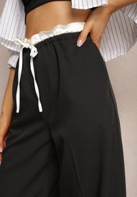Renee - Czarne Materiałowe Spodnie z Szerokimi Nogawkami High Waist z Gumką w Talii Comina. Okazja: na co dzień. Stan: podwyższony. Kolor: czarny. Materiał: materiał. Styl: casual, elegancki #4