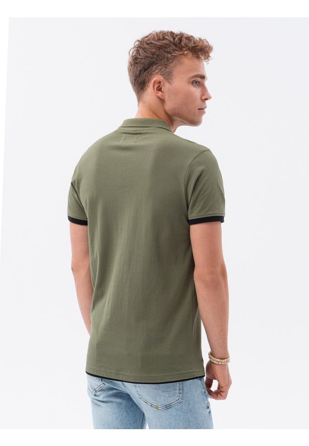 Ombre Clothing - Koszulka męska polo bawełniana S1382 - oliwkowa - XXL. Typ kołnierza: polo. Kolor: oliwkowy. Materiał: bawełna. Wzór: nadruk. Styl: klasyczny