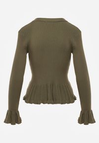 Renee - Zielony Wiskozowy Kardigan w Prążki z Falbankami i Guzikami z Cyrkoniami Danareia. Okazja: na co dzień, na imprezę. Typ kołnierza: kołnierz z falbankami. Kolor: zielony. Materiał: wiskoza. Wzór: prążki. Styl: casual #8