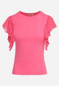 Born2be - Różowa Bawełniana Bluzka z Haftowanym Materiałem na Rękawach Alvine. Kolor: różowy. Materiał: materiał, bawełna. Wzór: haft #7