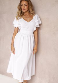 Renee - Biała Taliowana Sukienka Maxi z Falbanami Giftis. Kolor: biały. Wzór: aplikacja. Długość: maxi