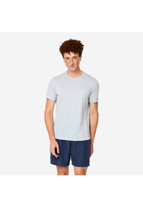 DOMYOS - Koszulka fitness męska Domyos krótki rękaw. Kolor: szary. Materiał: poliester, materiał. Długość rękawa: krótki rękaw. Długość: krótkie. Sport: fitness