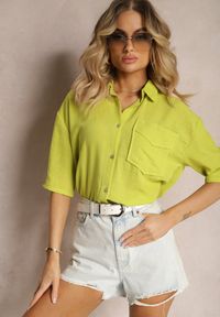 Renee - Jasnozielona Krótka Koszula z Dłuższym Tyłem Efilin. Typ kołnierza: dekolt w serek. Kolor: zielony. Materiał: jeans. Długość: krótkie. Styl: elegancki