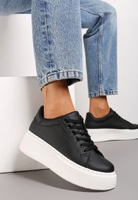 Born2be - Czarno-Białe Sneakersy na Platformie Rilame. Nosek buta: okrągły. Zapięcie: sznurówki. Kolor: czarny. Materiał: materiał. Obcas: na platformie. Wysokość obcasa: niski #1