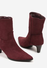 Renee - Bordowe Botki na Stożku z Imitacji Zamszu Avinella. Okazja: na co dzień. Kolor: czerwony. Materiał: zamsz. Obcas: na stożku. Styl: casual. Wysokość obcasa: średni #5