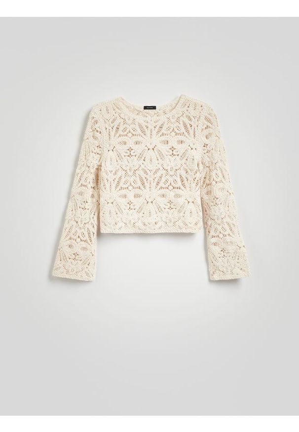 Reserved - Ażurowa bluzka - kremowy. Kolor: kremowy. Materiał: dzianina, bawełna. Wzór: ażurowy