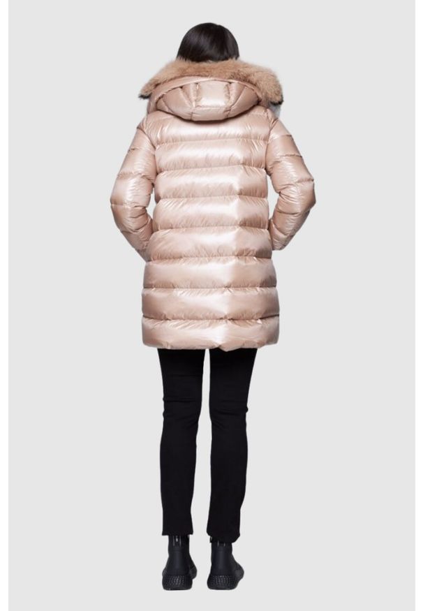 Hetrego - HETREGO Beżowa damska długa kurtka puchowa Hygiea z lisem, Rozmiar 42 EU - 46 IT. Kolor: beżowy. Materiał: puch. Długość: długie