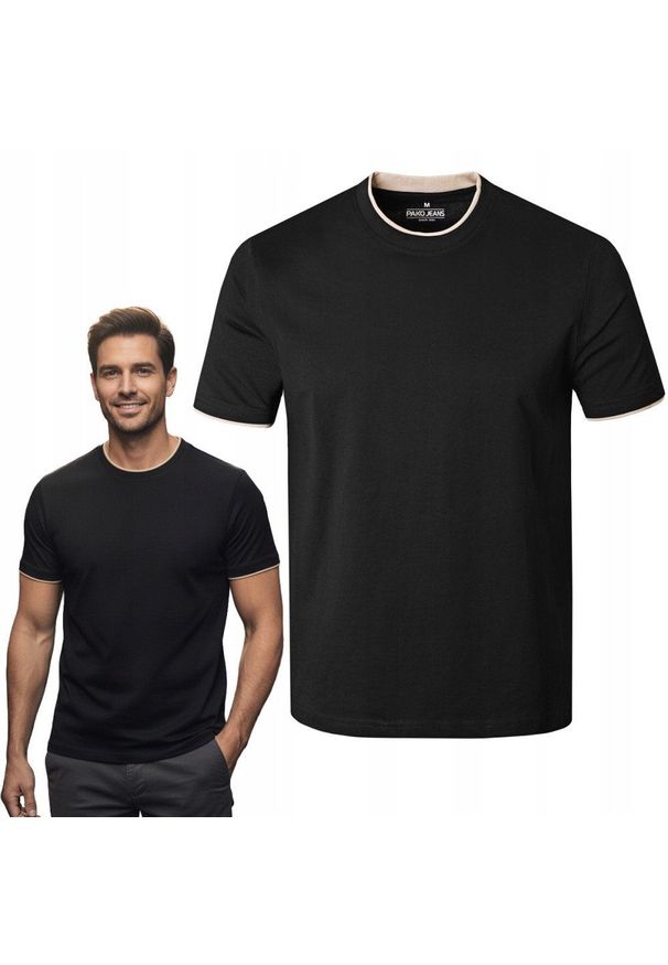 Jednokolorowa Koszulka z Lamówką - Pako Jeans - Czarny. Okazja: na co dzień. Kolor: czarny. Materiał: bawełna. Styl: casual