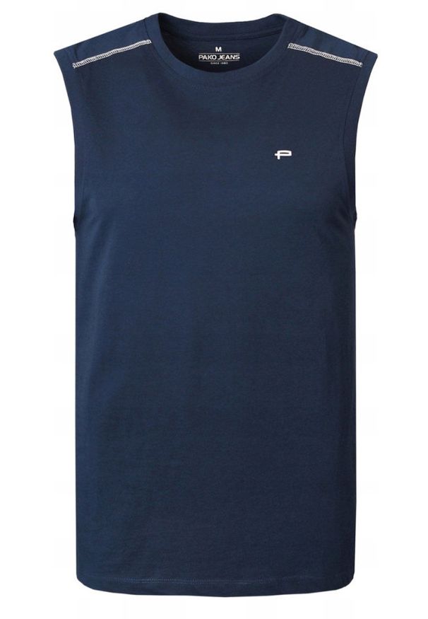 Letni Bezrękawnik Męski (Tank Top) - Pako Jeans - Granatowy. Okazja: na co dzień, na plażę. Kolor: niebieski. Materiał: bawełna. Długość rękawa: bez rękawów. Sezon: lato. Styl: casual