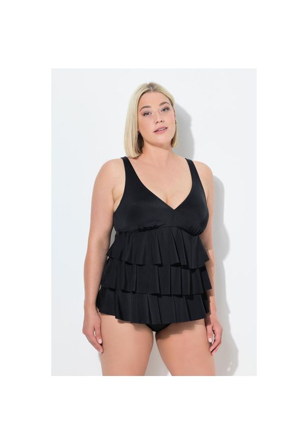 ULLA POPKEN - Damskie Tankini falbany miękkie miseczki materiał pochodzący z recyklingu. Kolekcja: plus size. Kolor: czarny. Materiał: elastan, poliamid, materiał