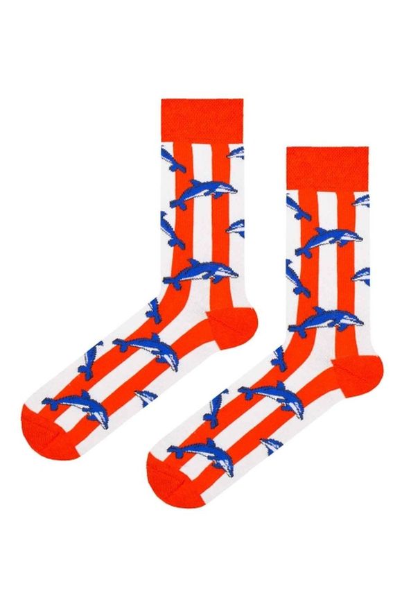 His Story - Skarpetki Bawełniane - Tematyczne - Delfiny. Kolor: czerwony, wielokolorowy. Materiał: elastan, bawełna, poliamid