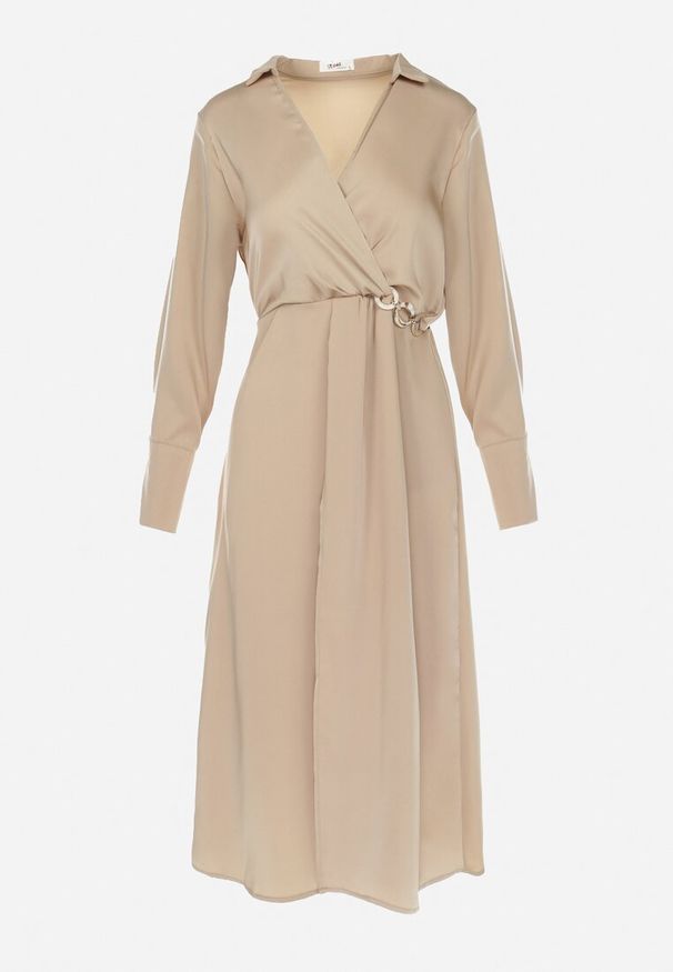 Born2be - Beżowa Satynowa Sukienka Midi z Kopertowym Dekoltem i Kołnierzykiem Hartho. Kolor: beżowy. Materiał: satyna. Wzór: aplikacja. Typ sukienki: kopertowe. Długość: midi