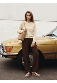 Sinsay - Bawełniany ażurowy kardigan - kremowy. Kolor: kremowy. Materiał: bawełna. Wzór: ażurowy #1