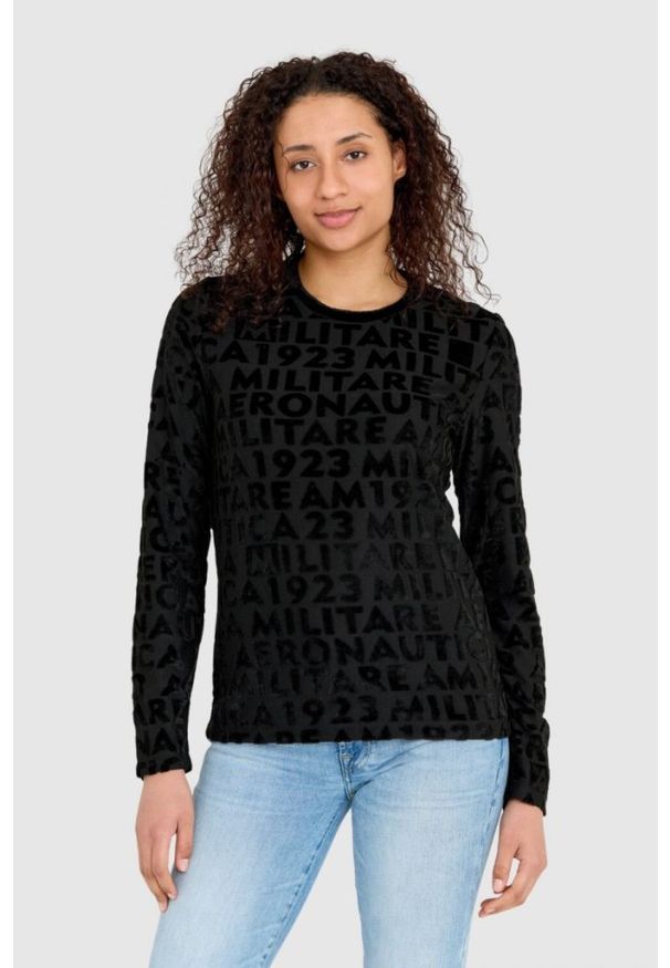 Aeronautica Militare - AERONAUTICA MILITARE Czarna welurowa bluza damska w wytłoczone logotypy, Rozmiar XS. Kolor: czarny. Materiał: poliester, welur