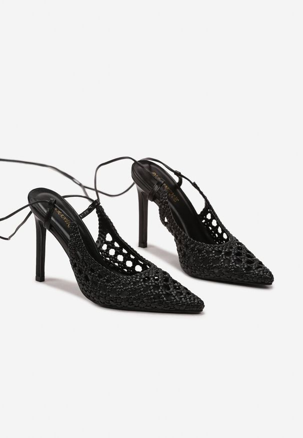 Born2be - Czarne Sandały na Szpilce Wiązane wokół Kostki z Plecioną Cholewką Norwela. Kolor: czarny. Szerokość cholewki: normalna. Sezon: lato. Obcas: na szpilce. Styl: wizytowy